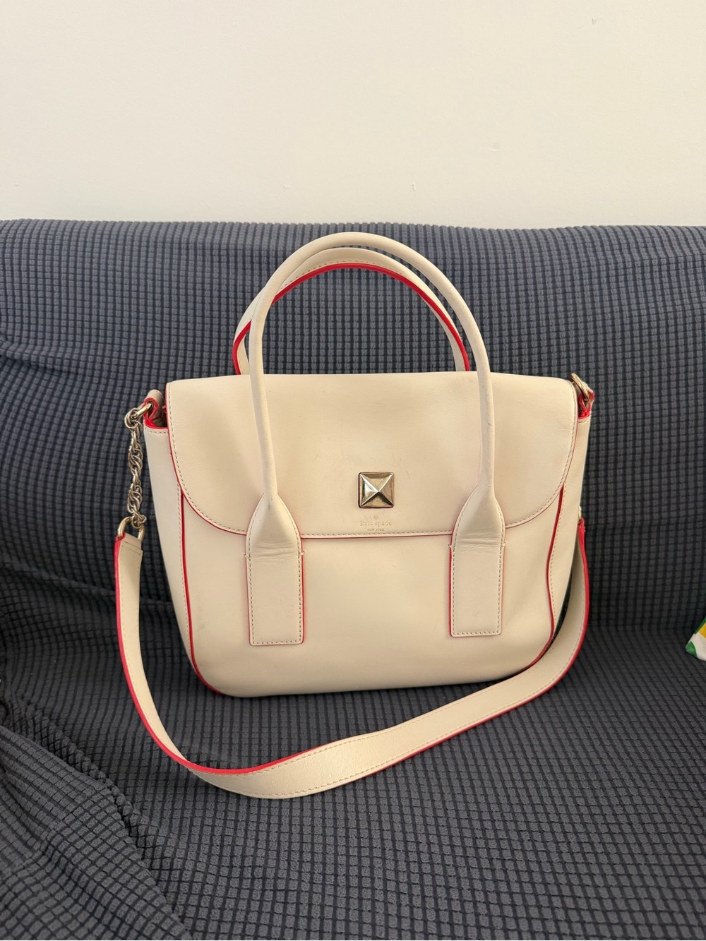 Kate Spade White Leather Tote Bag with Red Trim